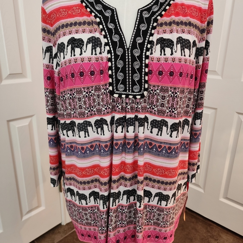 Ruby Rd. Pink and Black Elephant Print Tunic